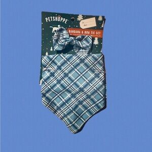 Blue Plaid Bandana & Bow Tie Set for Small Dogs
